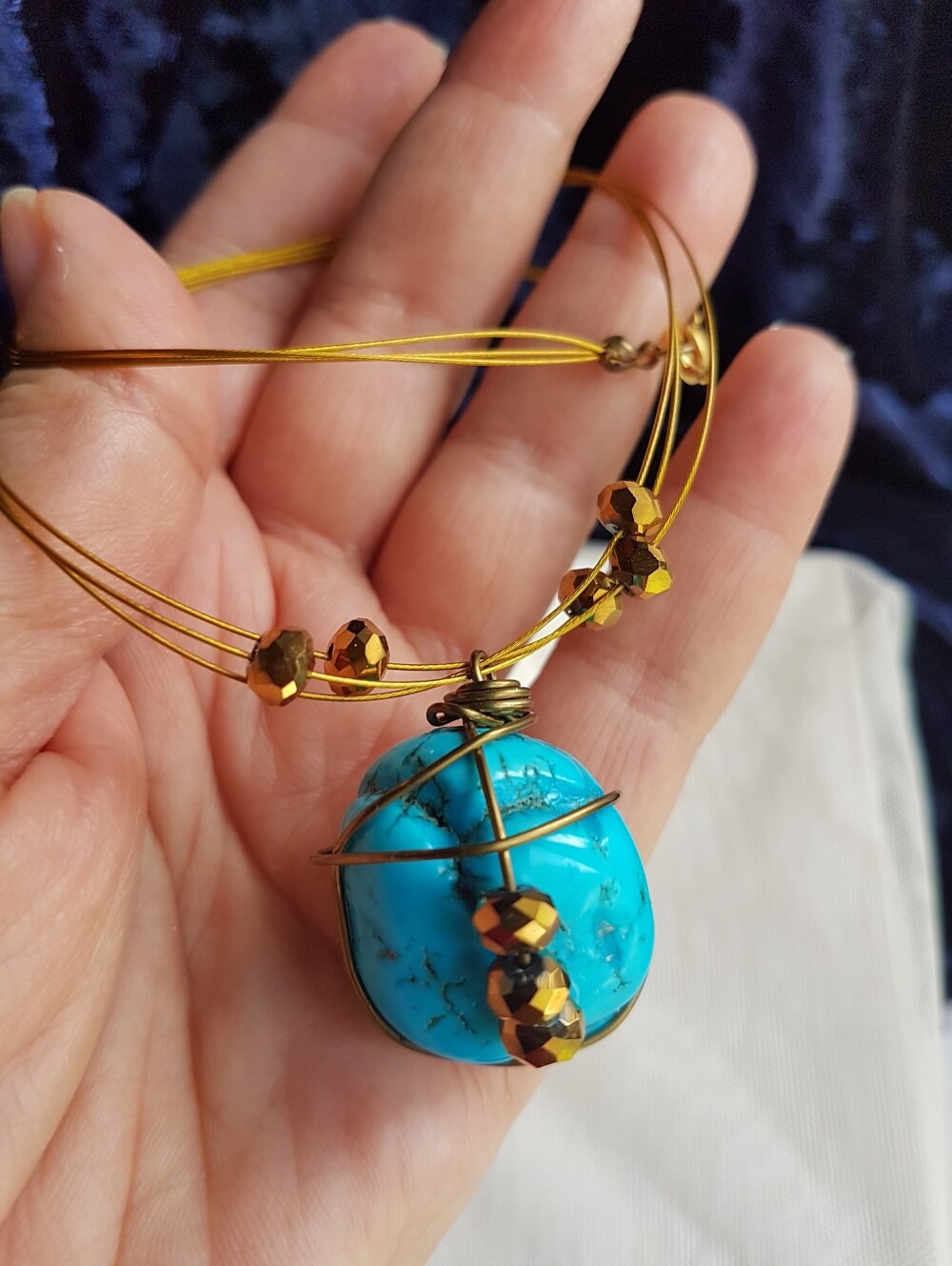 Genuine Turquoise Gemstone & Crystal Caged Pendant Contemporary Necklace